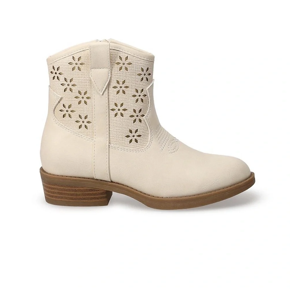 Sonoma Girls Cream Western Ankle Boots with Floral Cutout Detail, Sz: 5 Med